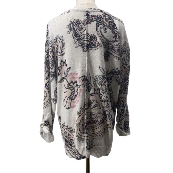 Chico’s V-Neck Sweater Size 2 / US Large White Floral Paisley 3/4 Tab Sleeves - Picture 4 of 6